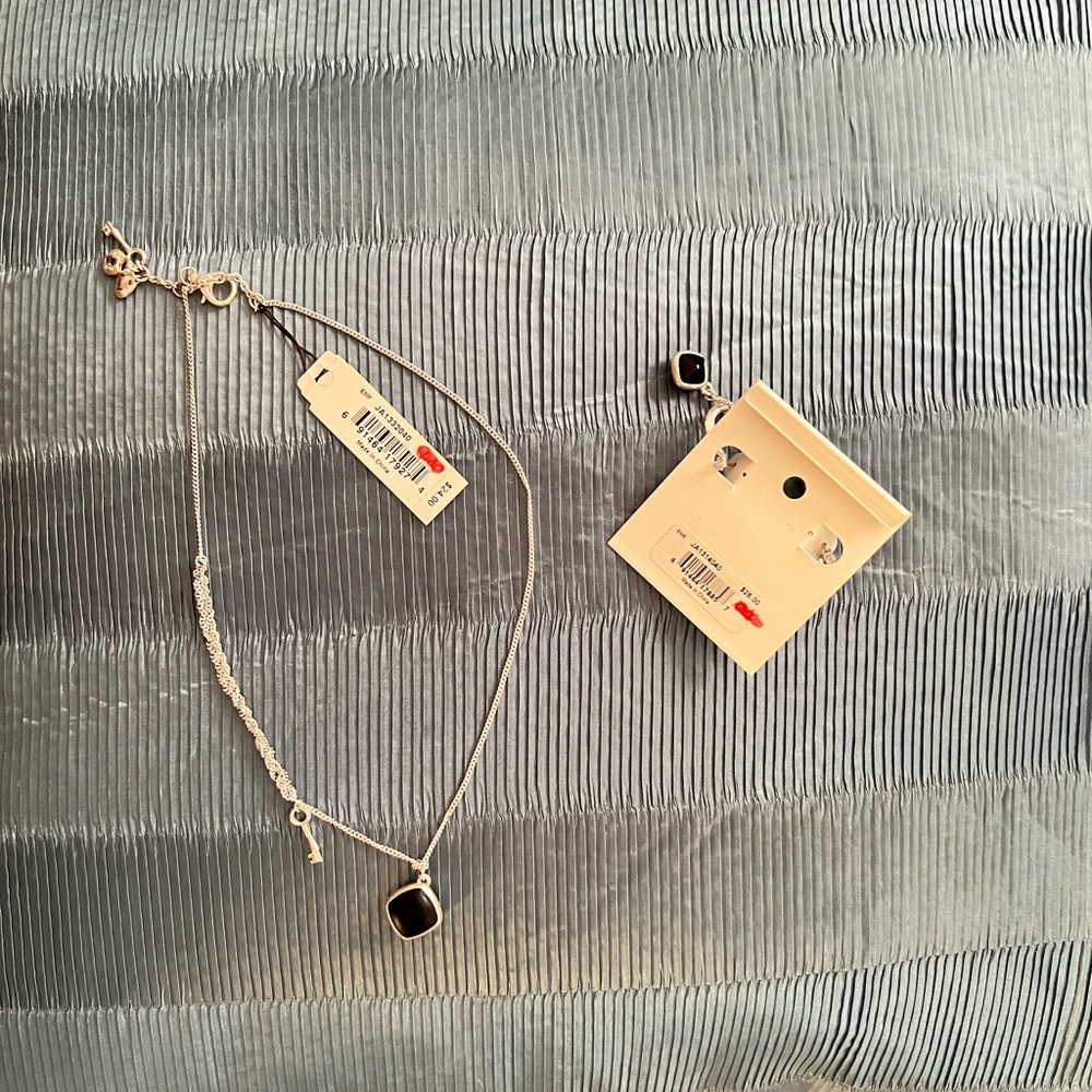 Fossil NWT Matching necklace & earrings set, silver w/black pendant